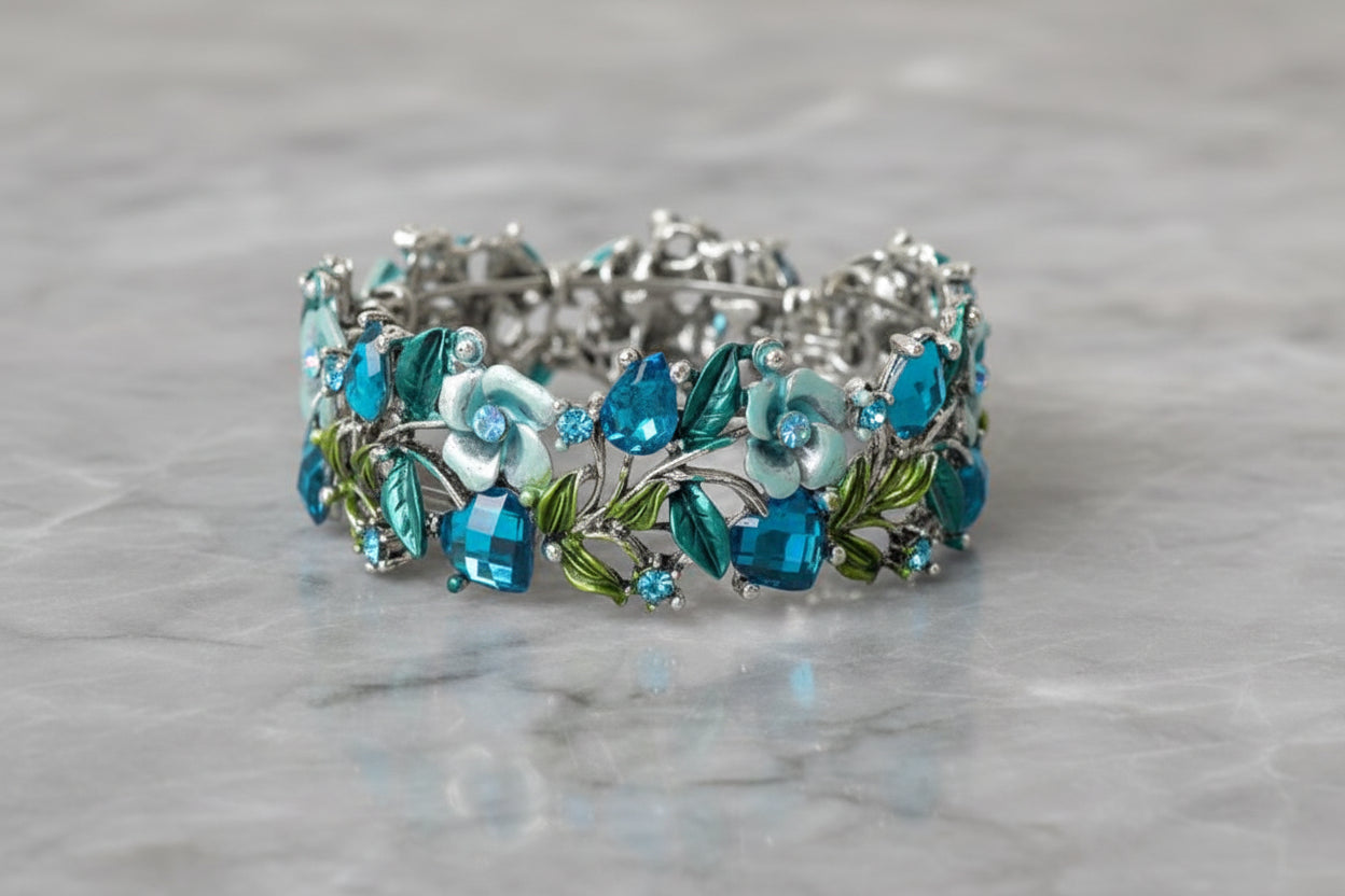 Enamel Floral Bracelet, Silver/Blue