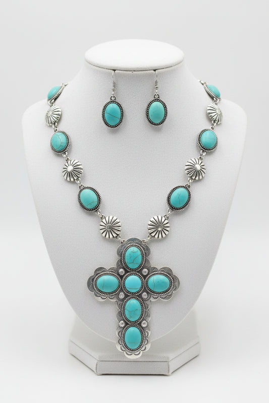 Western Turquoise Stone Cross Necklace and Earrings Set
