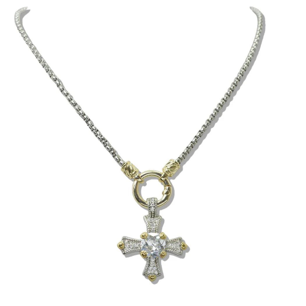 14K Gold Plated Cubic Zirconia Stone Cross Pendant Necklace