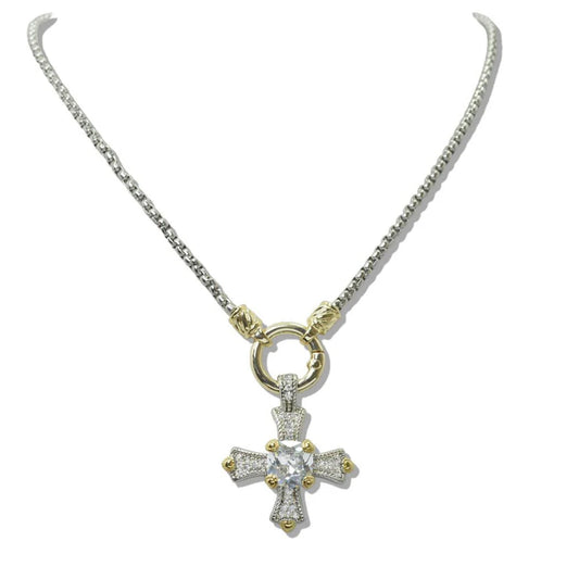 14K Gold Plated Cubic Zirconia Stone Cross Pendant Necklace