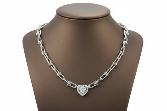CZ Stone Heart Pendant Necklace, Rhodium