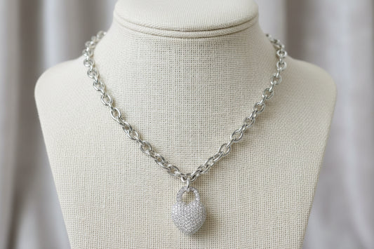 CZ Stones Heart Pendant Necklace, Rhodium