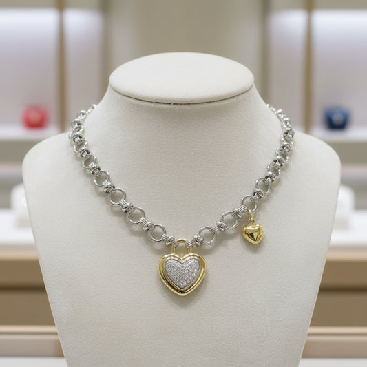 Double Heart Charm 14K Gold Plated CZ Stones Toggle Necklace