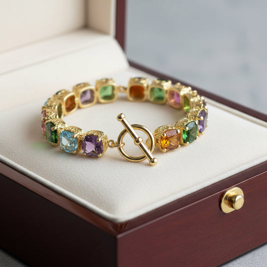 14K GOLD PLATED LUXURY CZ STONE TOGGLE BRACELET, MULTI