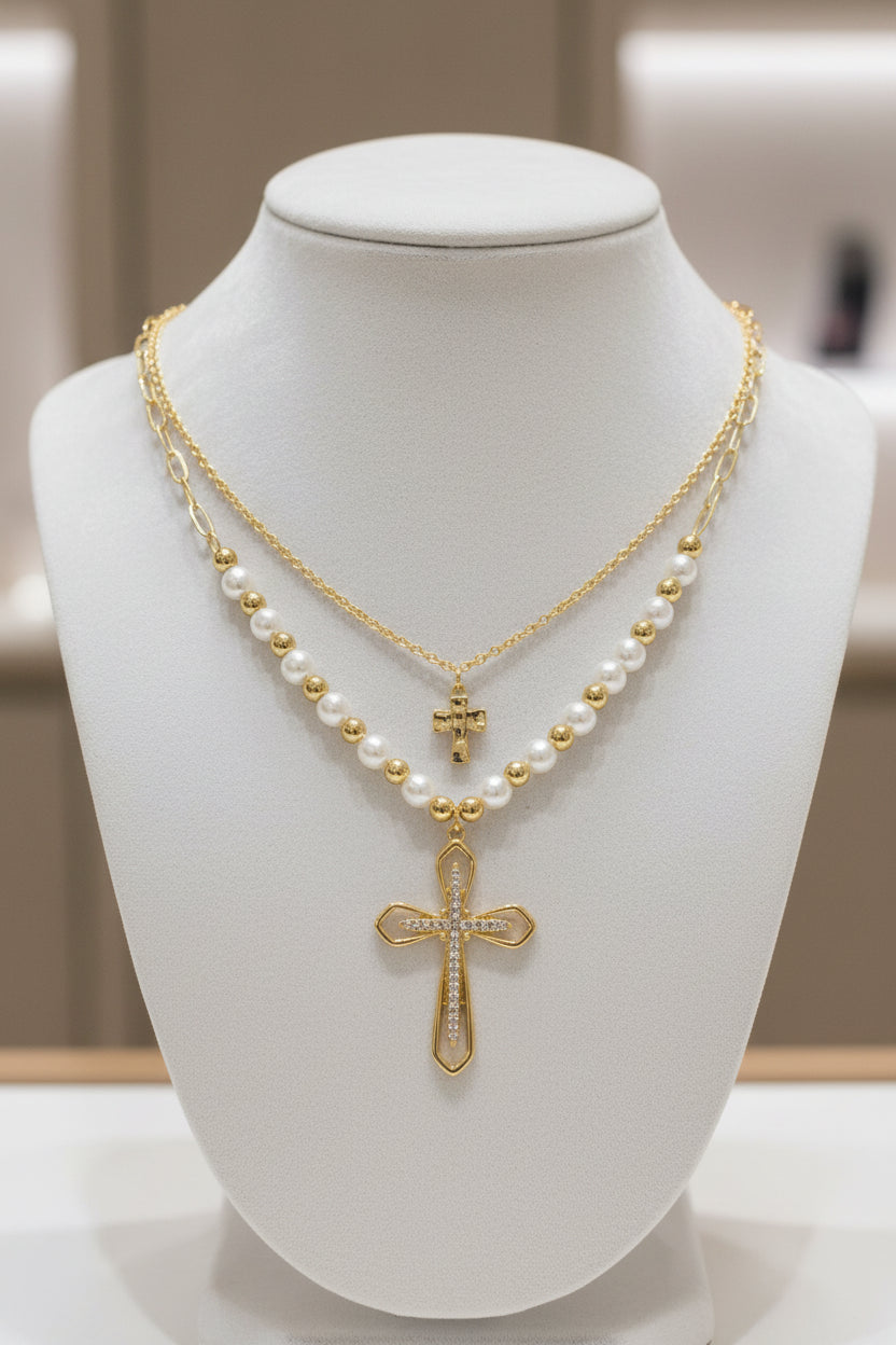 Layered Pearl Cross Necklace