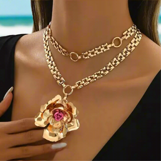 Double Layered Chain Necklace Gold Flower Pendant, Gold