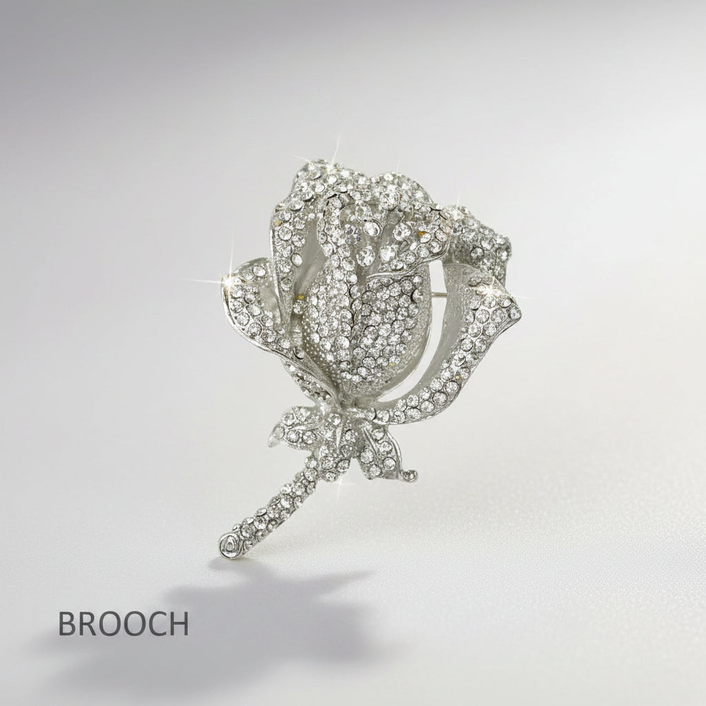 Silver Crystals Flower Brooch