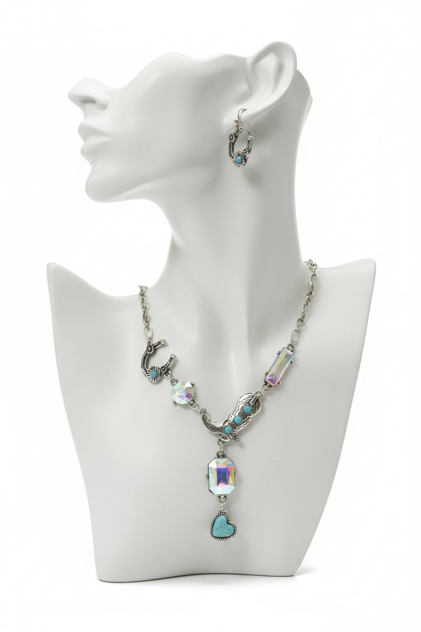 Turquoise AB Crystal Boot and Horseshoe Necklace, Earrings, and Bracelet Set, Western