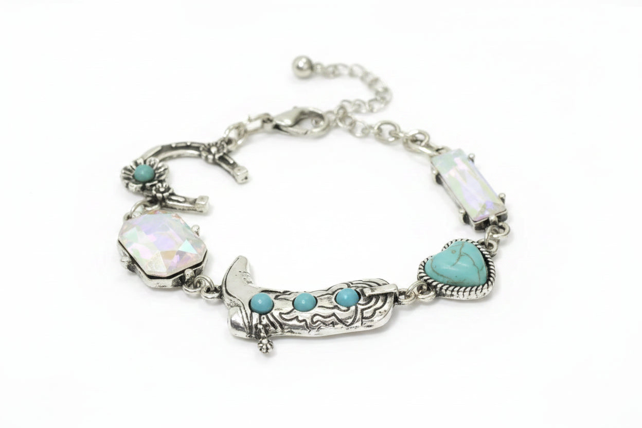 Turquoise AB Crystal Boot and Horseshoe Necklace, Earrings, and Bracelet Set, Western