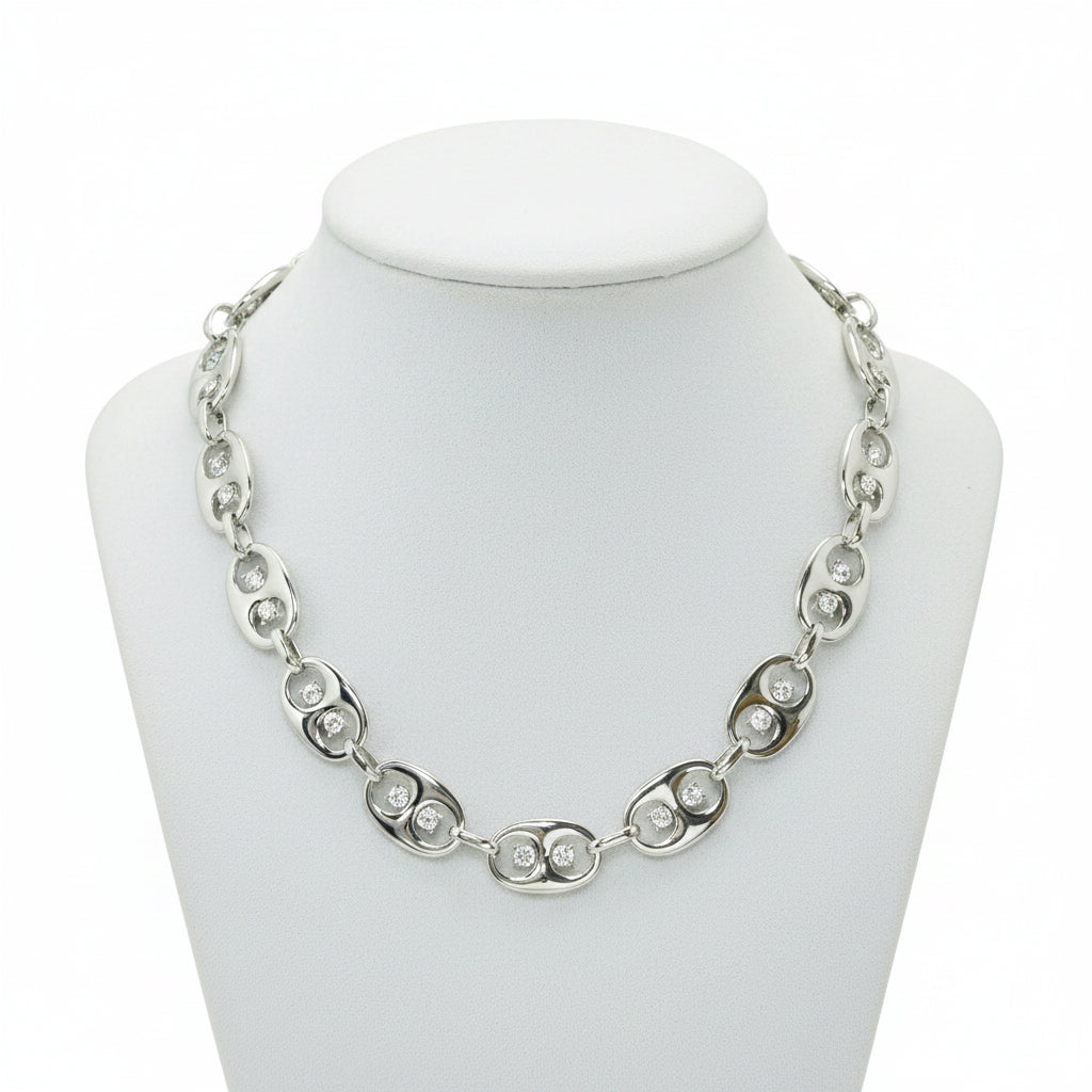 Crystal Link Motif Chain Necklace, Rhodium