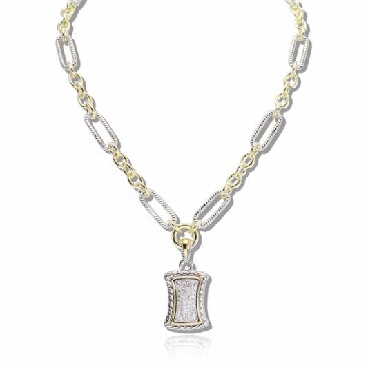 14K Gold and Rhodium Plated Shield Shape Pendant Necklace