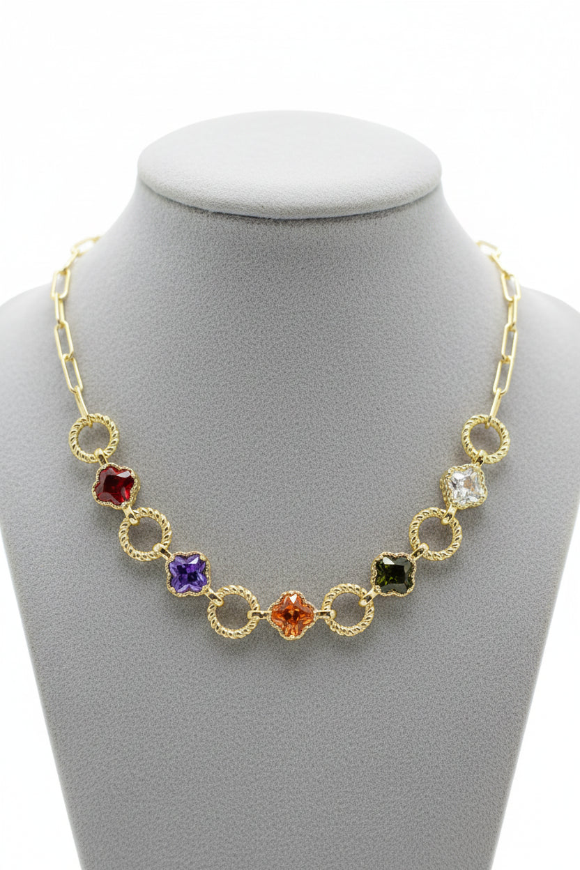14K Gold Plated Quatrefoil CZ Stone Multi Stone Necklace