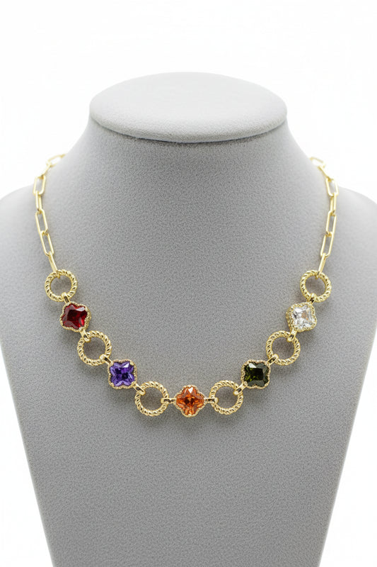 14K Gold Plated Quatrefoil CZ Stone Multi Stone Necklace