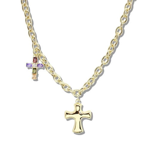Double Cross Multi Stone Necklace, 14K Gold Plated