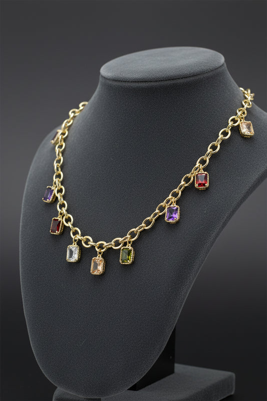 14K Gold Plated CZ Square Stone Necklace, Multi