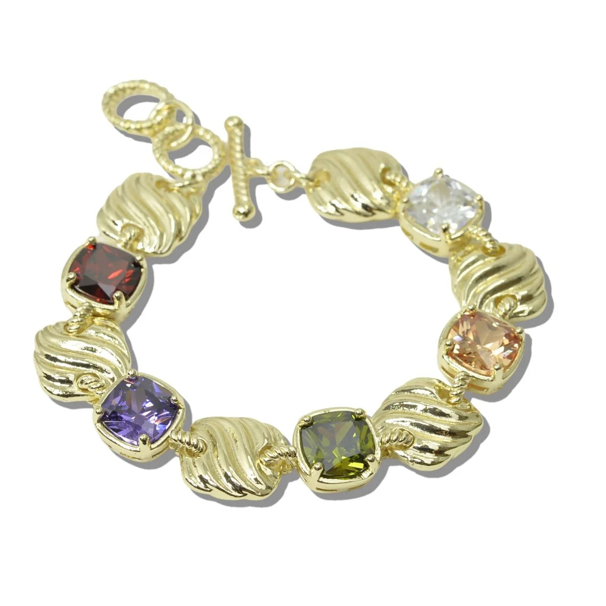14K Gold Plated Square Cushion Cut CZ Stone Toggle Bracelet