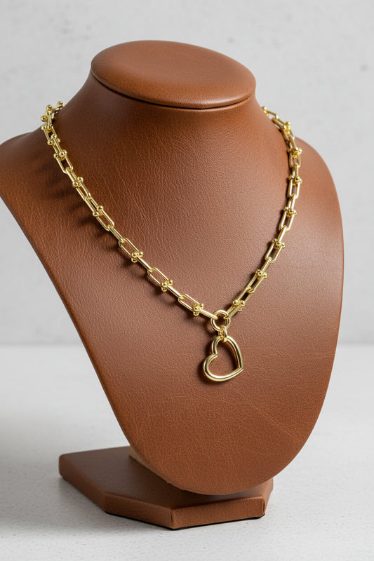 14K Gold Plated U Link Chain Heart Pendant Necklace