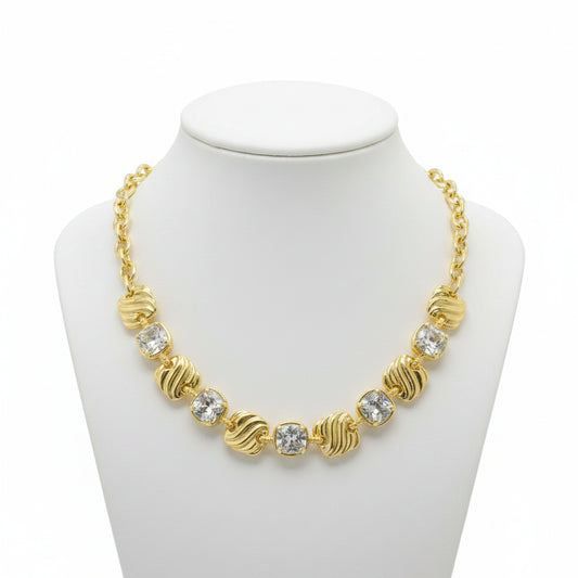 14K Gold Plated Textured Ribbed Waves CZ Stone Necklace