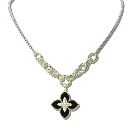 14K Gold-Plated Black Quatrefoil Pendant Necklace