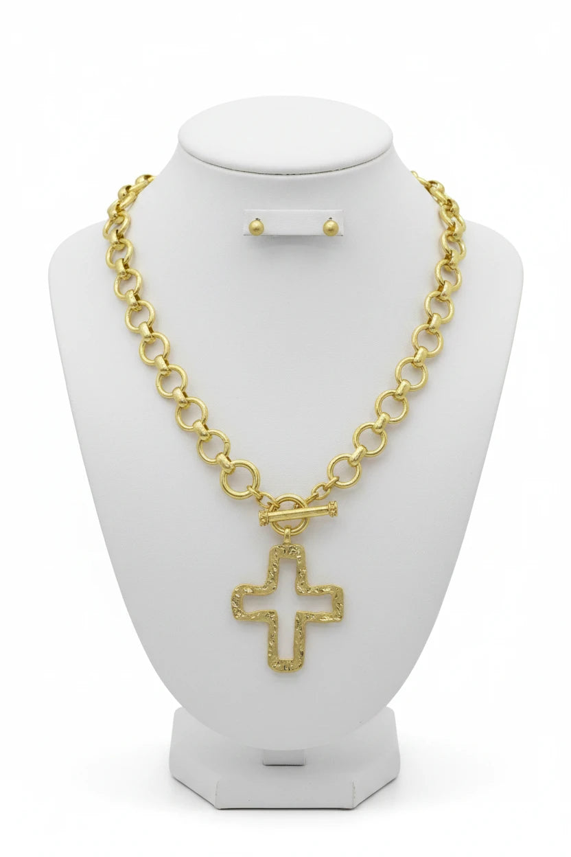 Hammered Cross Toggle Chain Necklace