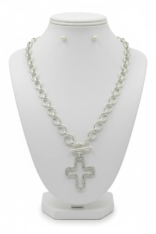 Hammered Cross Toggle Chain Necklace