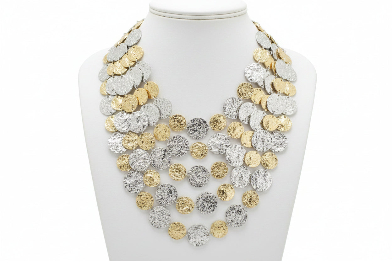 Layered Coin Style Link Bib Necklace