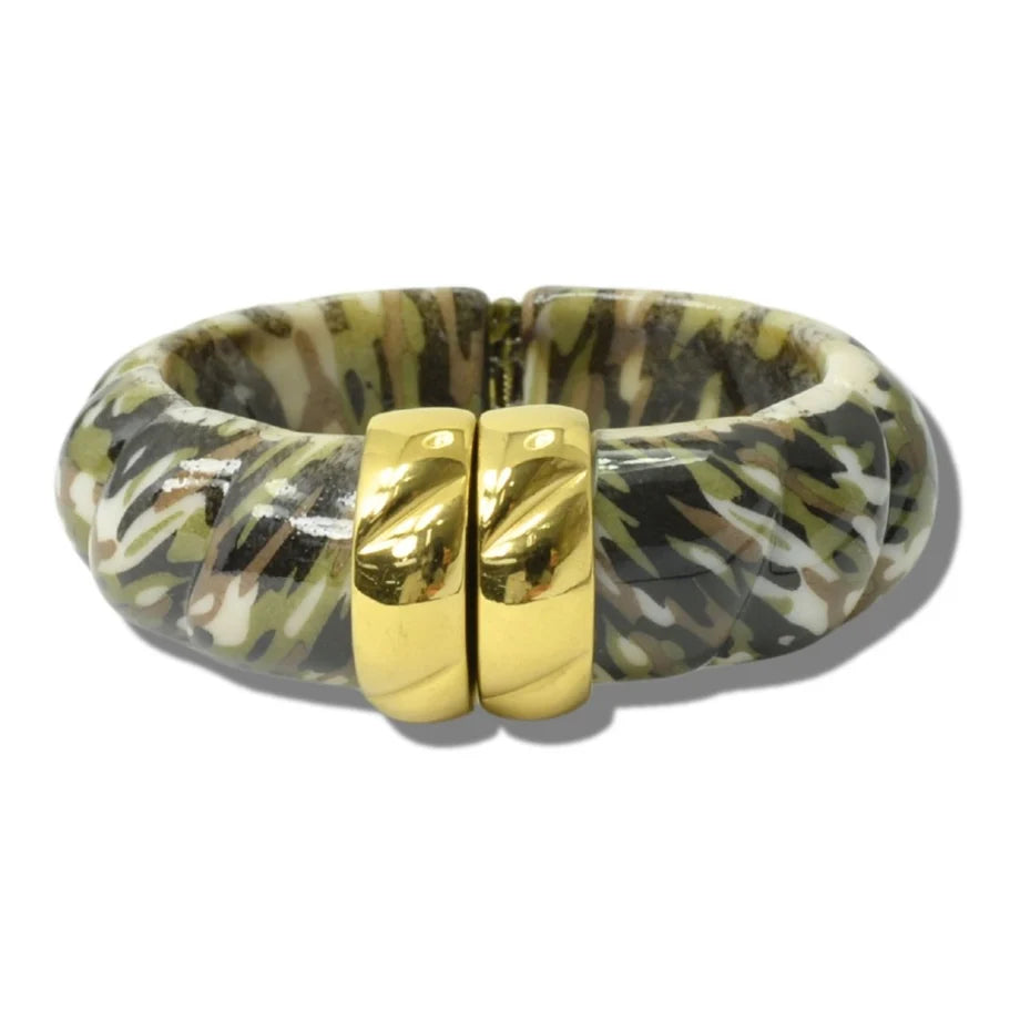Marbled Resin Twisted Hinged Cuff Bracelet, Camo