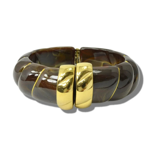 Marbled Resin Twisted Ribbed Hinged Cuff Bracelet, Brown