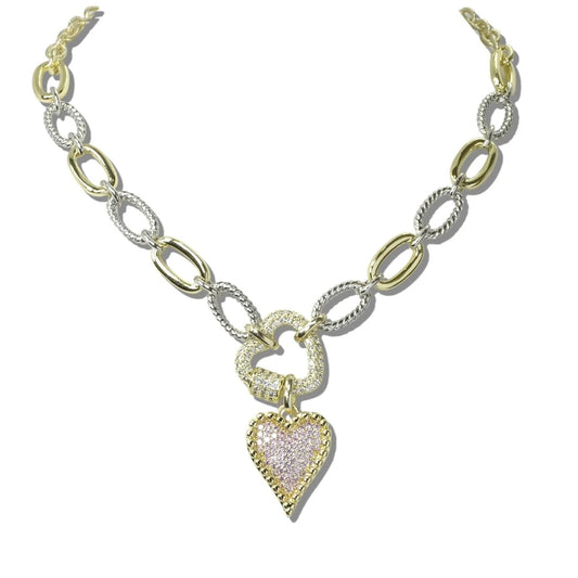14K Gold Plated CZ Stone Double Heart Pendant Necklace, Pink