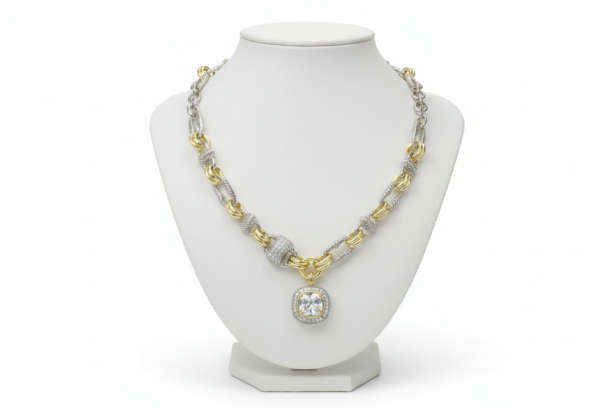 14K Gold Plated & Two-Tone CZ Clear Stone Pendant Necklace