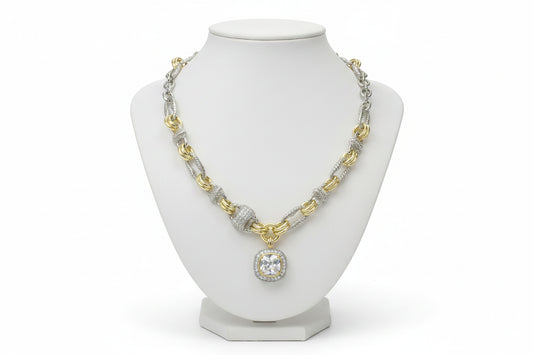 14K Gold Plated & Two-Tone CZ Clear Stone Pendant Necklace