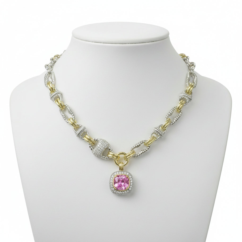 14K Gold Plated & Two-Tone CZ Pink Stone Pendant Necklace