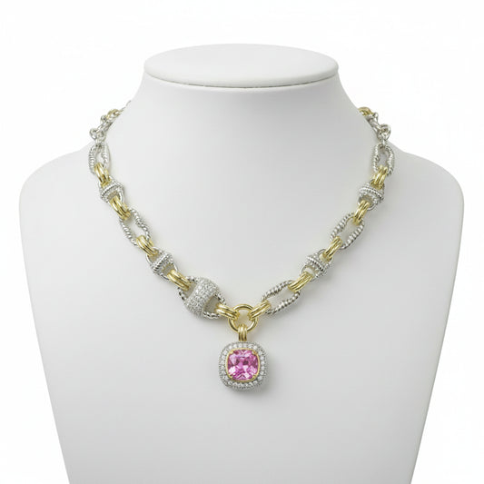 14K Gold Plated & Two-Tone CZ Pink Stone Pendant Necklace