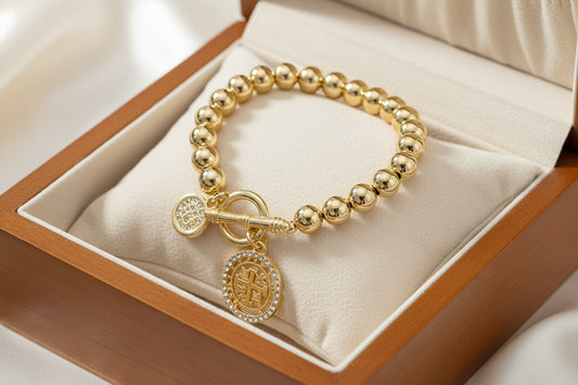 14K GOLD PLATED BALL BEADED BRACELET CLEAR CZ STONES