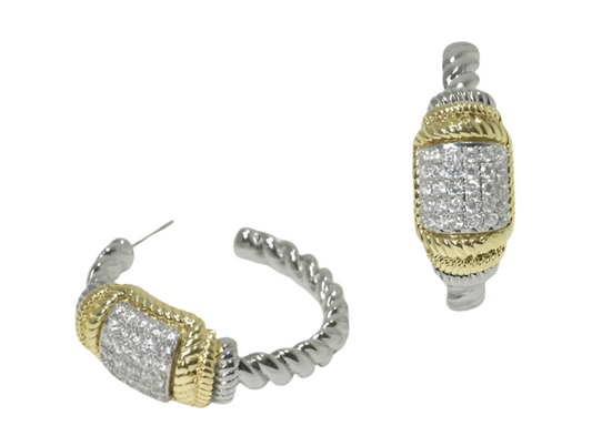 Two tone, 14K Gold Plated, Cubic Zirconia Hoop Earrings