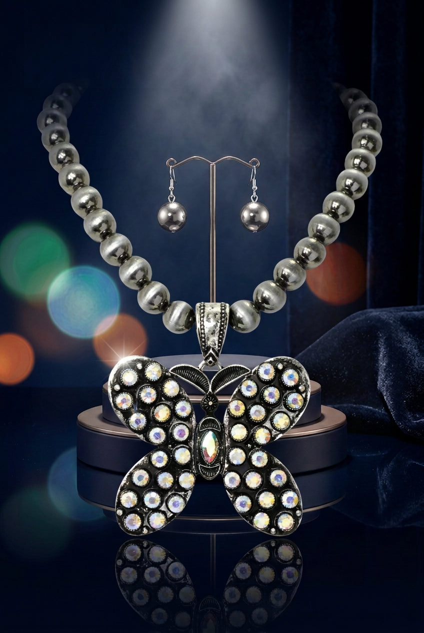 Rhinestone Butterly Pendant Necklace and Earrings Set