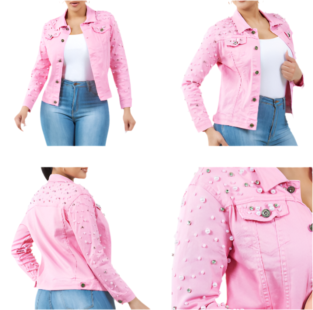 Pink Denim Jacket with Studded Pearl and Bling Crystals L/XL