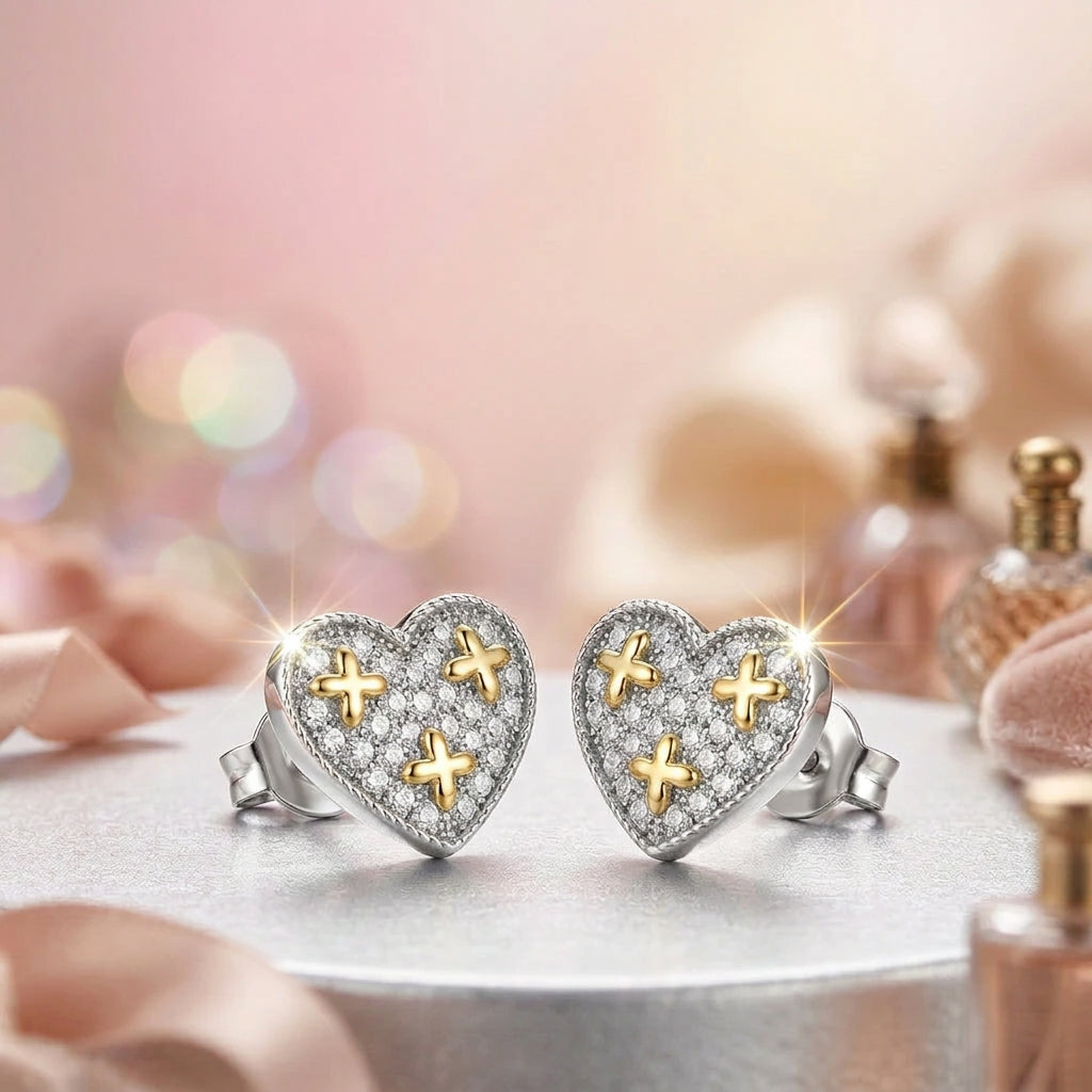 14K Gold Plated Two-Tone Heart Earrings