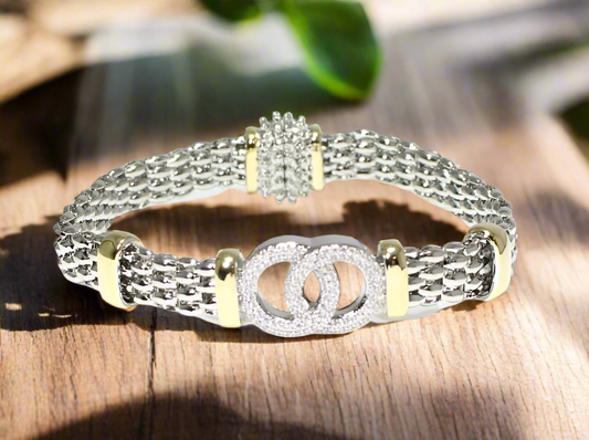 Two tone, 14K Gold Plated, Double Ring Cubic Zirconia Magnetic Closure Bracelet