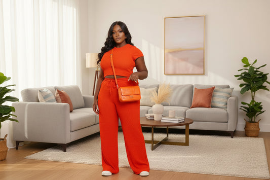 Stone Textured Pants Set, Rust
