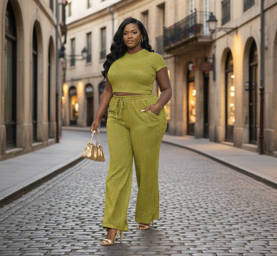 Stone Textured Pants Set, Olive