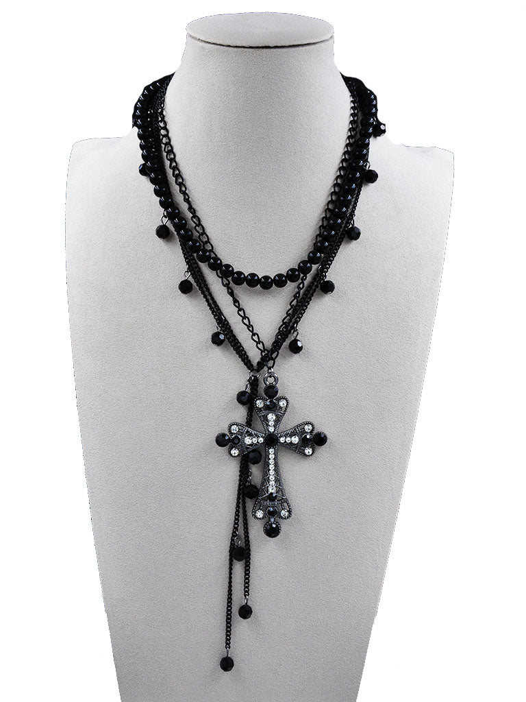 Layered Pearl Cross Necklace