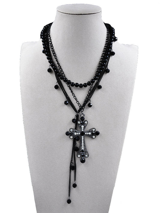 Layered Pearl Cross Necklace