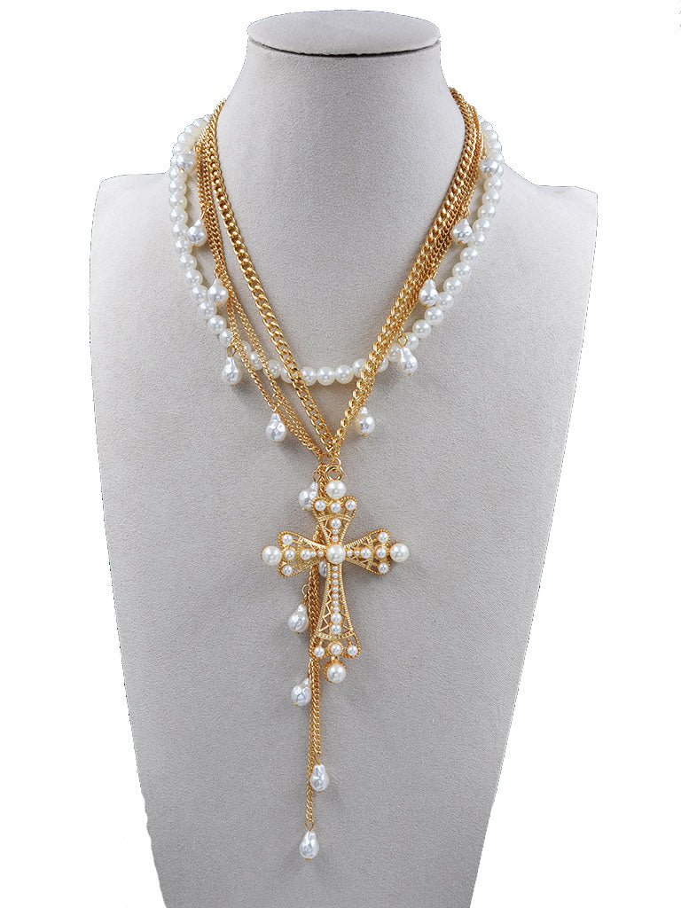 Layered Pearl Cross Necklace