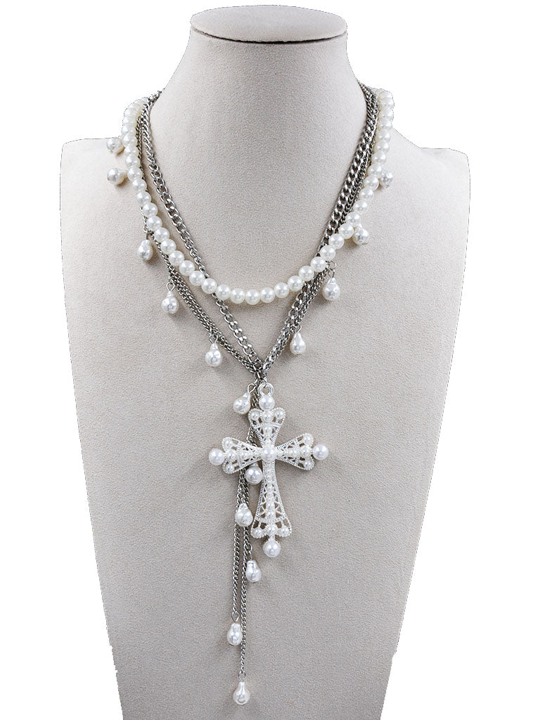 Layered Pearl Cross Necklace