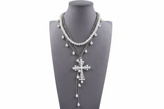 Layered Pearl Cross Necklace
