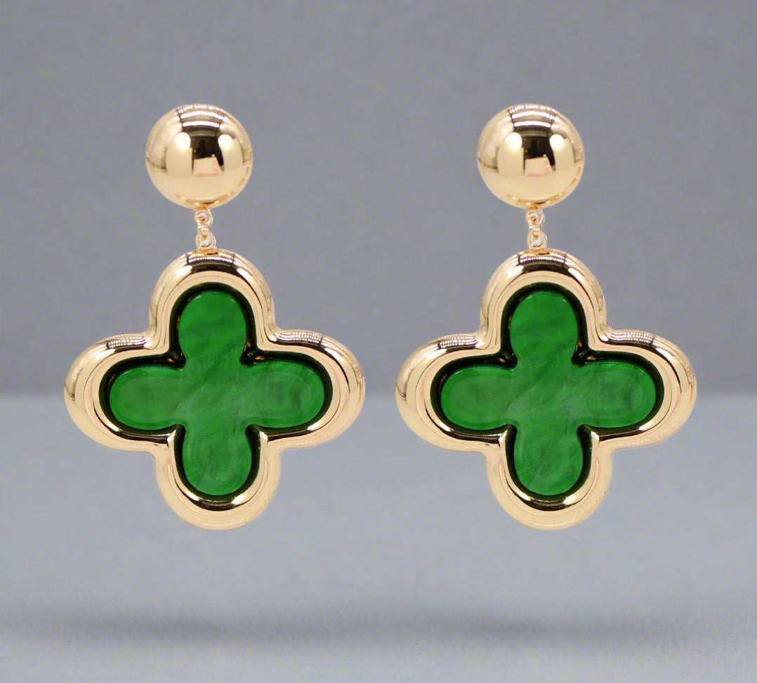 Green Clover Earrings, Gold