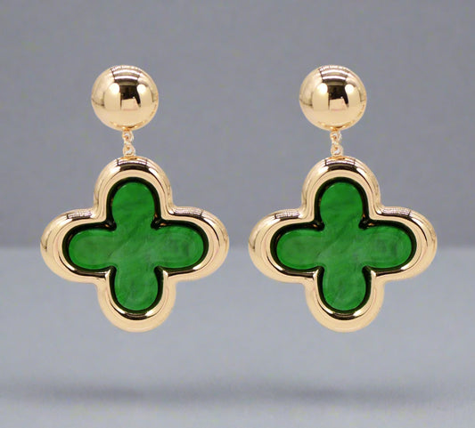 Green Clover Earrings, Gold