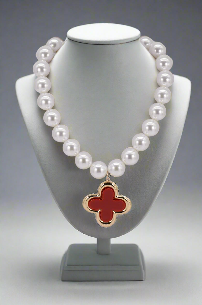 Pearl Clover Pendant Necklace, Red