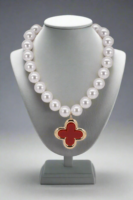 Pearl Clover Pendant Necklace, Red